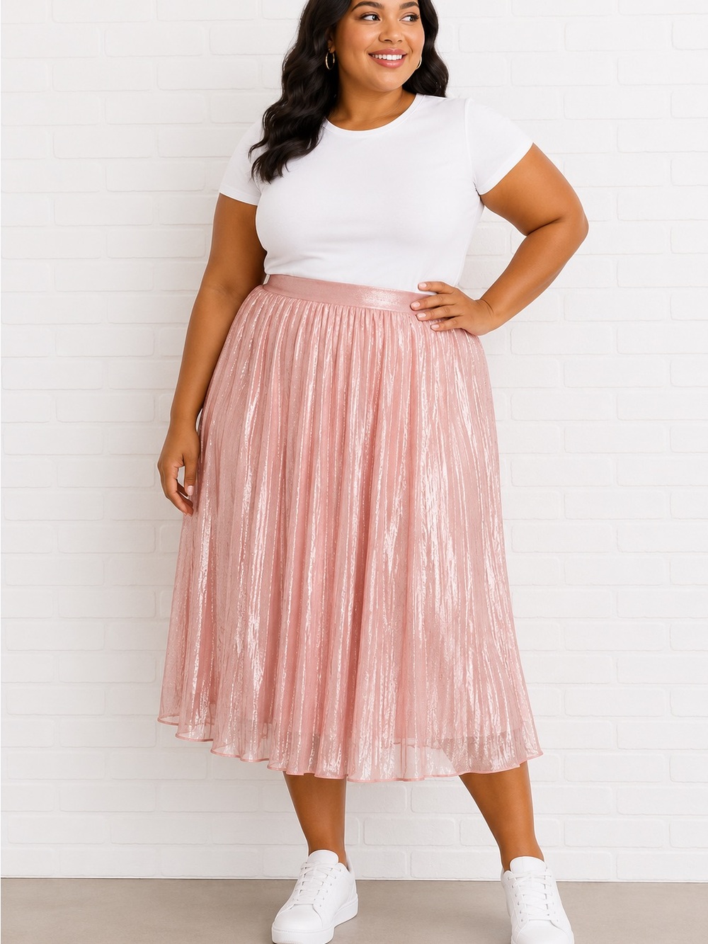 Shimmer Pleated Midi Skirt in Blush Pink Size 4X plus Size Pull-On Elastic Waist